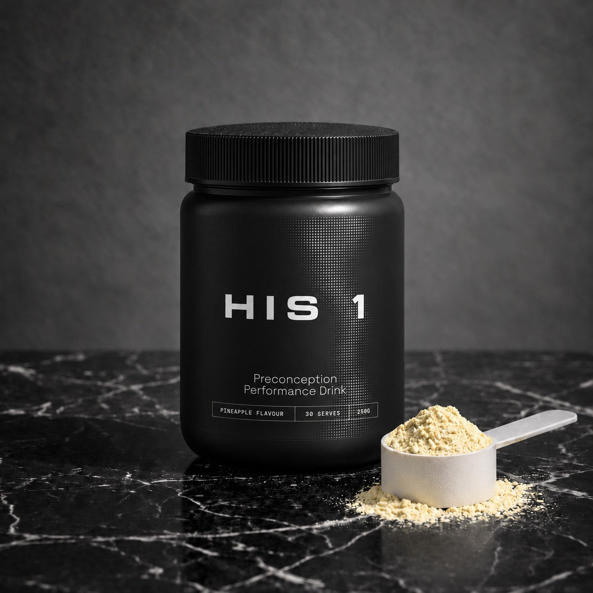 HIS 1 tub with a scoop of pineapple powder on black marble